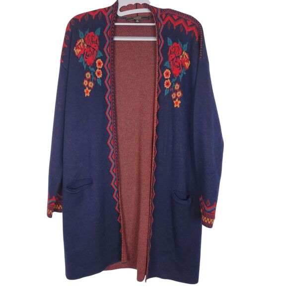 MAXSPORT‎ Sweater Womens Medium Blue Floral Open Long Cardigan Pockets Boho - Picture 1 of 8